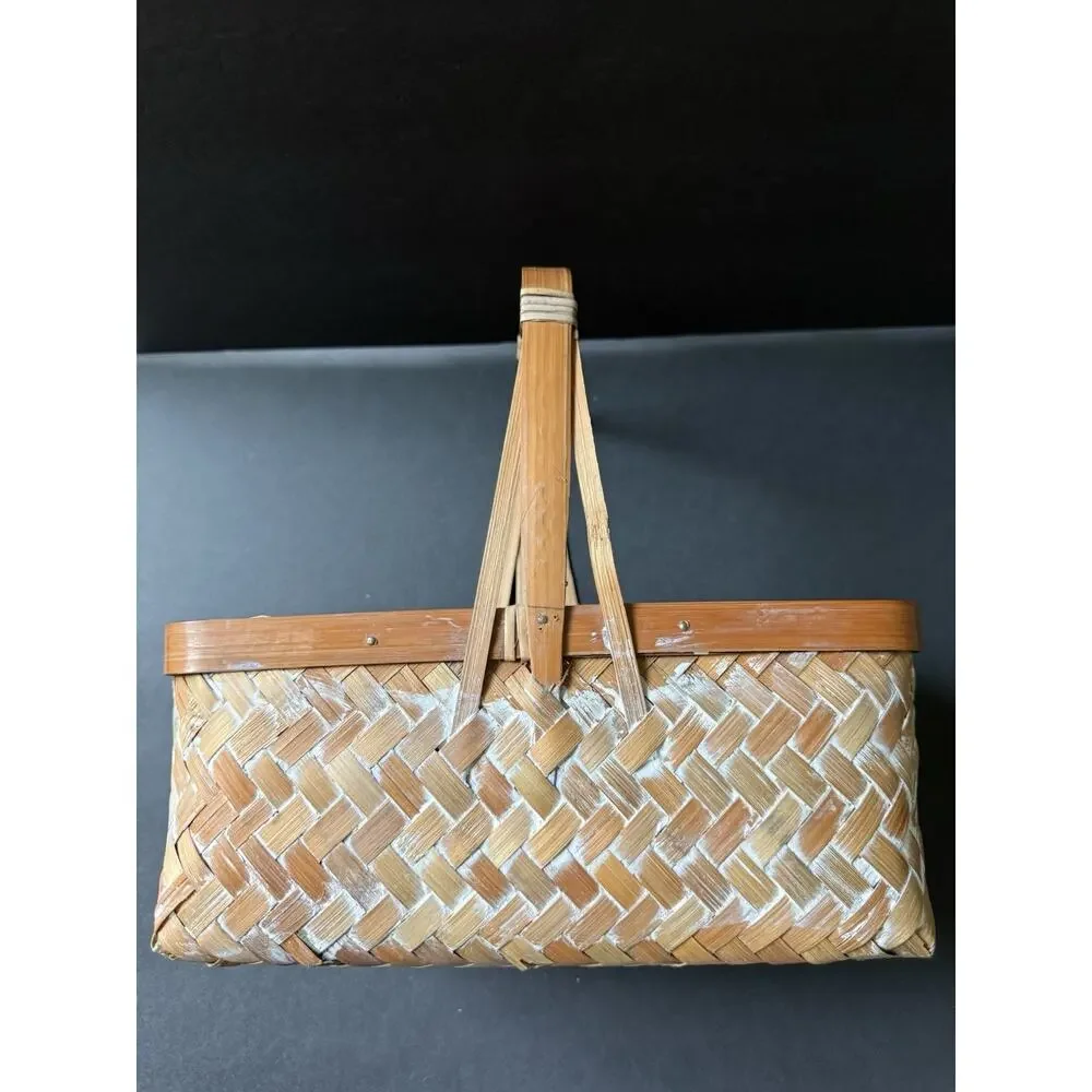 Wicker Rectangle Handle Basket Cottagecore Farmhouse Storage Rustic